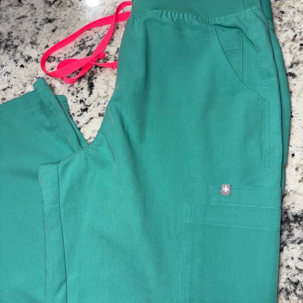 Figs Teal Pants with Pink Drawstring - Picture 2 of 6